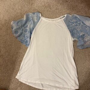 White and Blue Floral Sleeve Women's Top